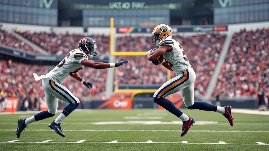 Defensive secondary cornerback defending wide receiver route, separation distance visible, athletic positioning, modern stadium environment, no text elements