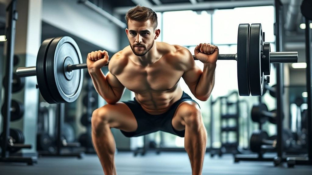 Athletic male performing a heavy back squat with barbell in a modern gym, deep squat position below parallel, focused intense expression, professional lighting, muscular legs under tension