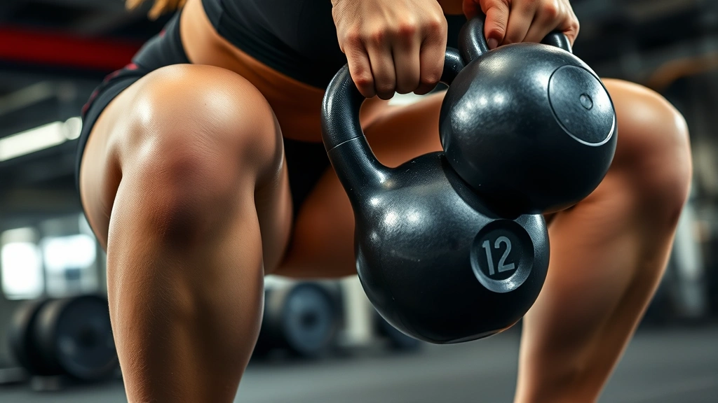 Close-up of female athlete's lower body performing a front squat with kettlebell, explosive drive phase, powerful quadriceps engagement, gym background, dynamic movement captured