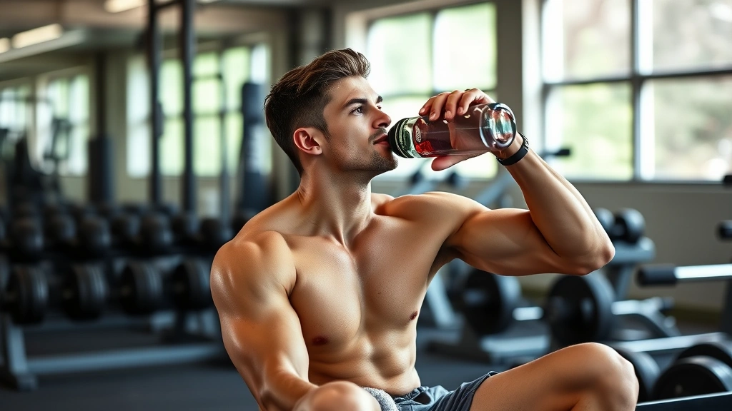 Shirtless male athlete in recovery posture post-workout, sitting on bench with towel, hydrating with water bottle, satisfied expression, gym setting with weights visible, natural lighting