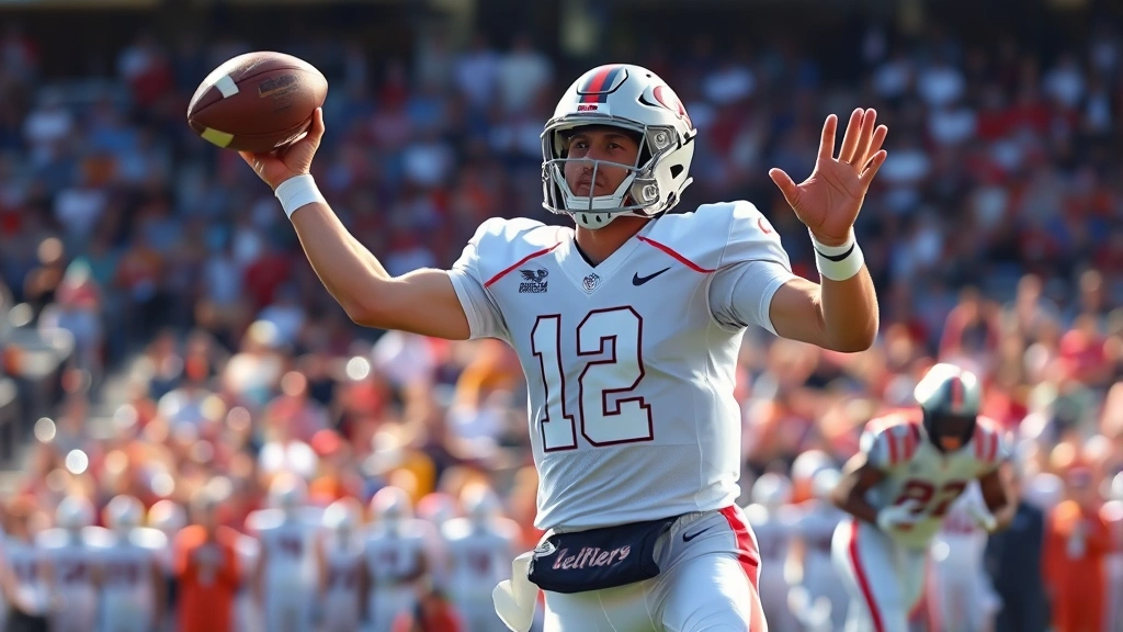 College football quarterback throwing deep pass during intense game with stadium crowd blurred background, athletic dynamic motion captured