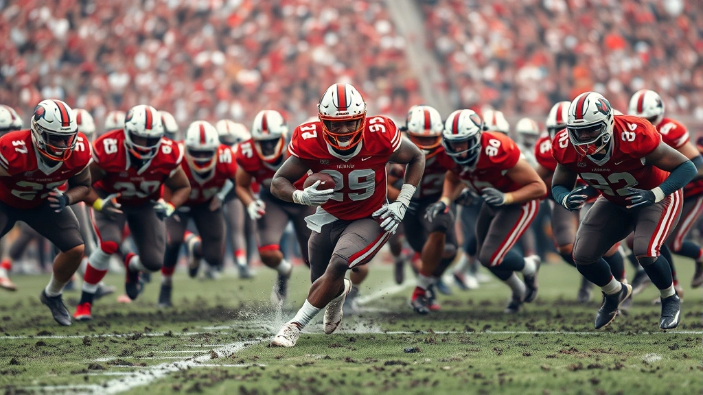 Wisconsin running back powering through defensive line with multiple blockers creating rushing lane, muddy field conditions visible