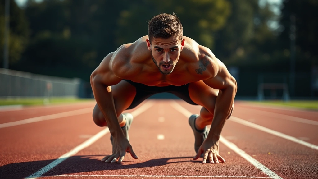 Athletic male sprinter in explosive starting position on professional track, muscles tensed, focused expression, morning natural lighting, photorealistic detail of athletic form and track surface