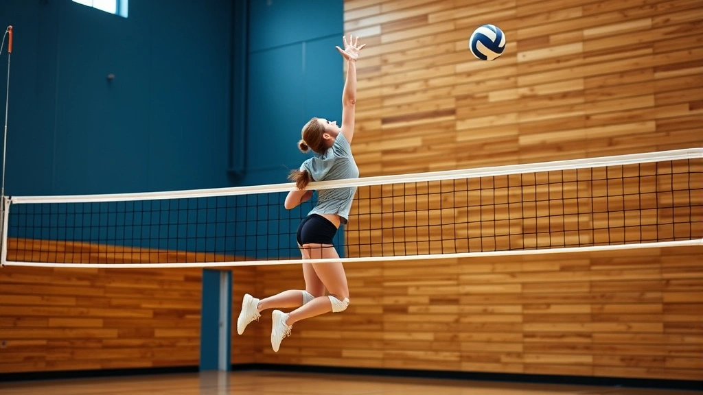 Female volleyball player executing vertical jump with perfect form, arm extended upward reaching, athletic gym setting with wooden floor and net, dynamic action captured mid-jump showing lower body power