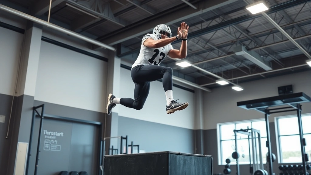 Professional football player performing box jump training in modern strength facility, explosive upward movement captured mid-air, athletic shoes and gym equipment visible, dynamic athletic action photography