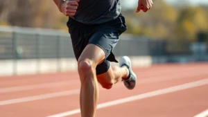 Athletic runner sprinting at maximum intensity on outdoor track, muscles engaged, powerful stride, motion blur background, professional sports photography