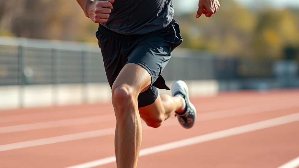 Athletic runner sprinting at maximum intensity on outdoor track, muscles engaged, powerful stride, motion blur background, professional sports photography
