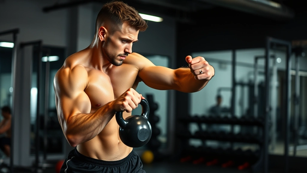 Fit athlete performing circuit training with kettlebell in modern gym, explosive movement captured mid-swing, intense focus, dynamic lighting