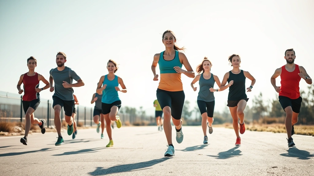 Group of athletes performing high-intensity interval training outdoors, running with determination, natural sunlight, motivational energy, team training environment