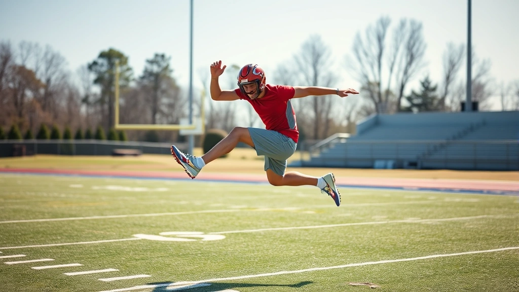 Young football athlete executing plyometric depth jump training outdoors on athletic field, explosive power movement, athletic wear, dynamic action captured mid-flight, morning sunlight