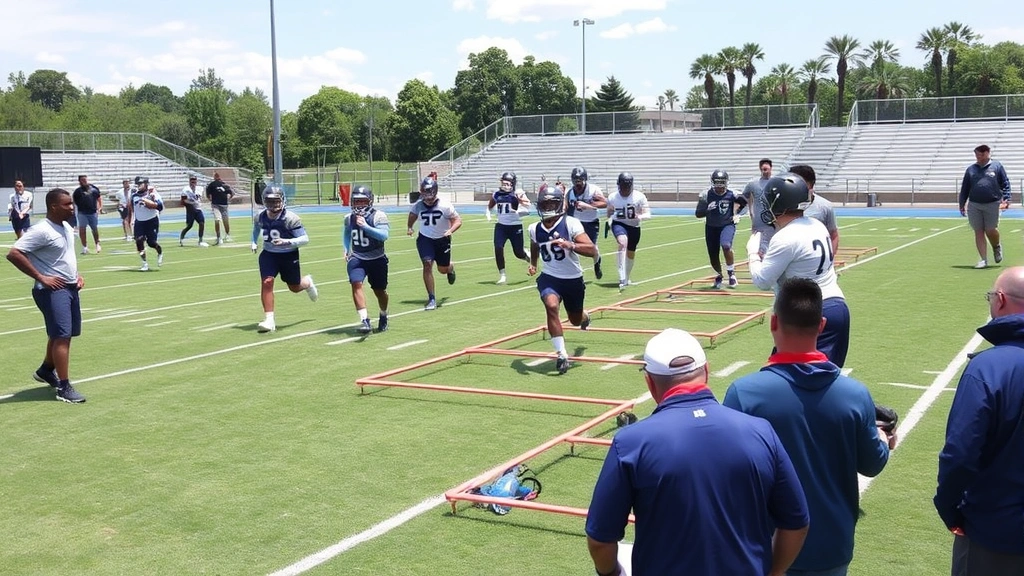 College football team performing group agility ladder drills on practice field, multiple players running through ladder pattern, coaches observing, focused training environment, clear weather