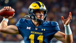 Athletic male football player in Michigan blue uniform executing perfect passing form during game, intense focused expression, stadium lights background, dynamic action shot showing quarterback technique