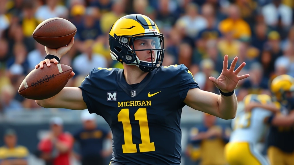 Elite college football quarterback in Michigan uniform executing perfect throwing motion during intense game with crowd in background, focused expression showing concentration and athleticism