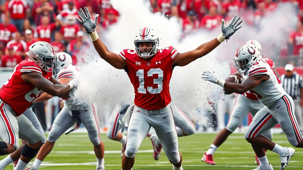Defensive lineman in Ohio State red uniform exploding through offensive line gap, arms extended high disrupting passing play, showcasing explosive power and technique
