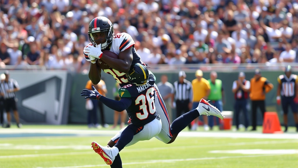Wide receiver in motion making contested catch over defensive back coverage, displaying athletic ability and separation skills during competitive rivalry matchup