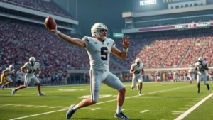 College football quarterback throwing deep pass downfield with receivers running routes in stadium, photorealistic action shot, professional athletic performance