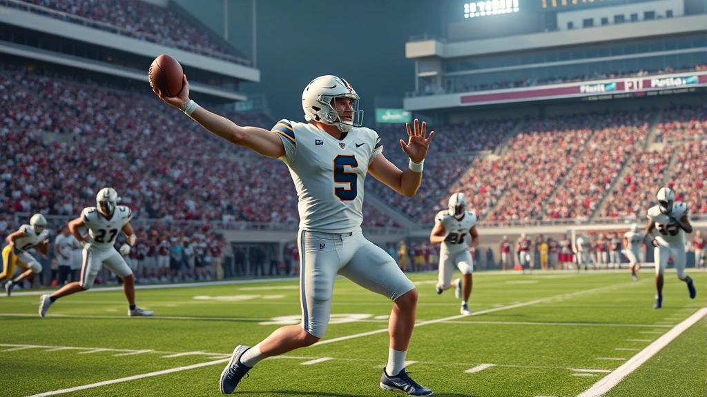 College football quarterback throwing deep pass downfield with receivers running routes in stadium, photorealistic action shot, professional athletic performance