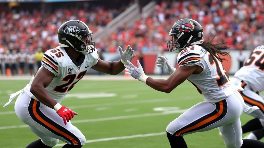 Secondary defensive backs in coverage position defending against wide receiver route, athletic defensive posture, football stadium setting, competitive game action