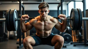 Young male high school football athlete performing a heavy barbell back squat with perfect form in a modern strength training facility, serious focused expression, athletic build, proper depth and positioning