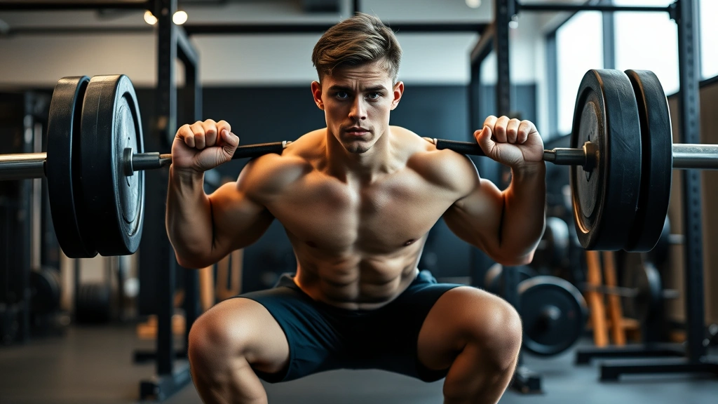 Young male high school football athlete performing a heavy barbell back squat with perfect form in a modern strength training facility, serious focused expression, athletic build, proper depth and positioning