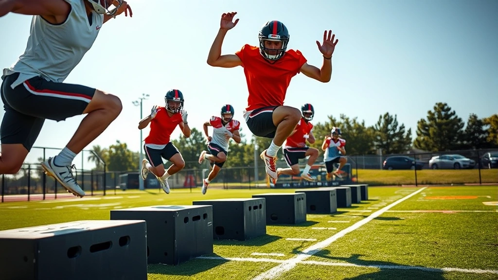 Athletic football players doing explosive plyometric box jumps during outdoor training session, mid-jump with powerful extension, multiple athletes visible, natural sunlight, energetic intensity