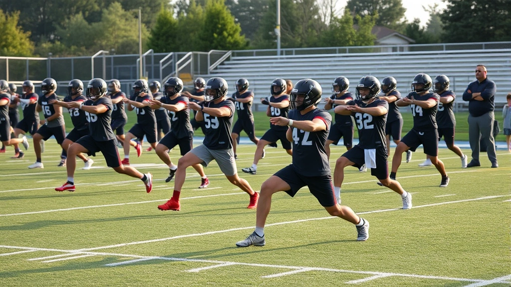 High school football team doing dynamic warm-up stretches and mobility work before practice on field, diverse athletes performing lunges and leg swings, professional coaching staff supervising, early morning or late afternoon light