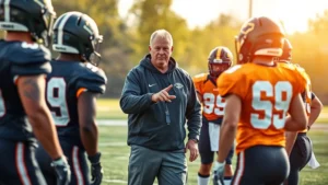 Focused football coach instructing players during intense practice, demonstrating proper technique with engaged athletes in full football gear on field, natural daylight, photorealistic