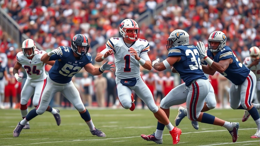 College football players executing offensive play during game, quarterback in motion with blockers engaged, defensive players pursuing, stadium background blurred, action-focused, photorealistic