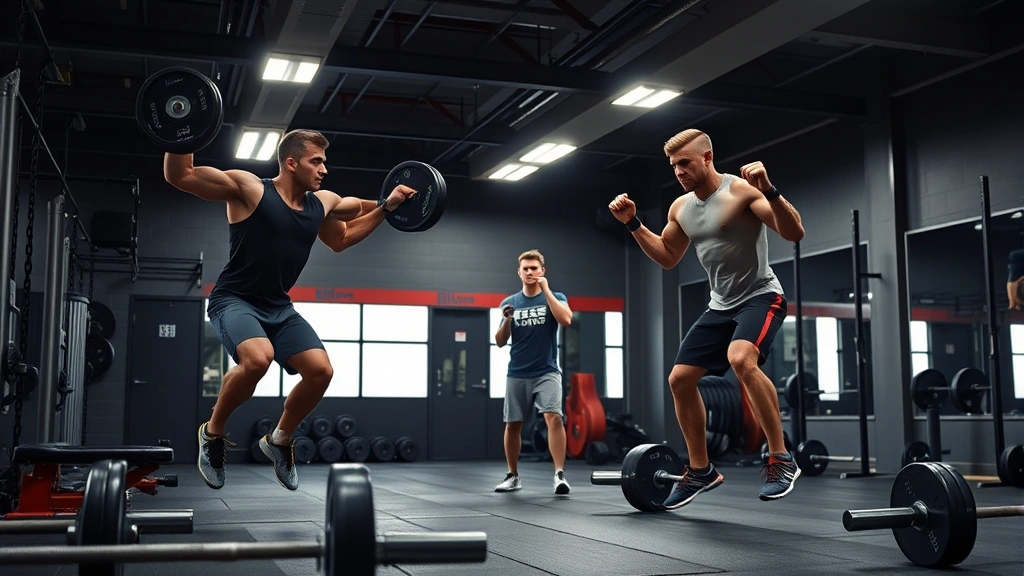Strength training facility with athletes performing explosive plyometric exercises, barbells and weights visible but not labeled, coach observing form, professional lighting, photorealistic