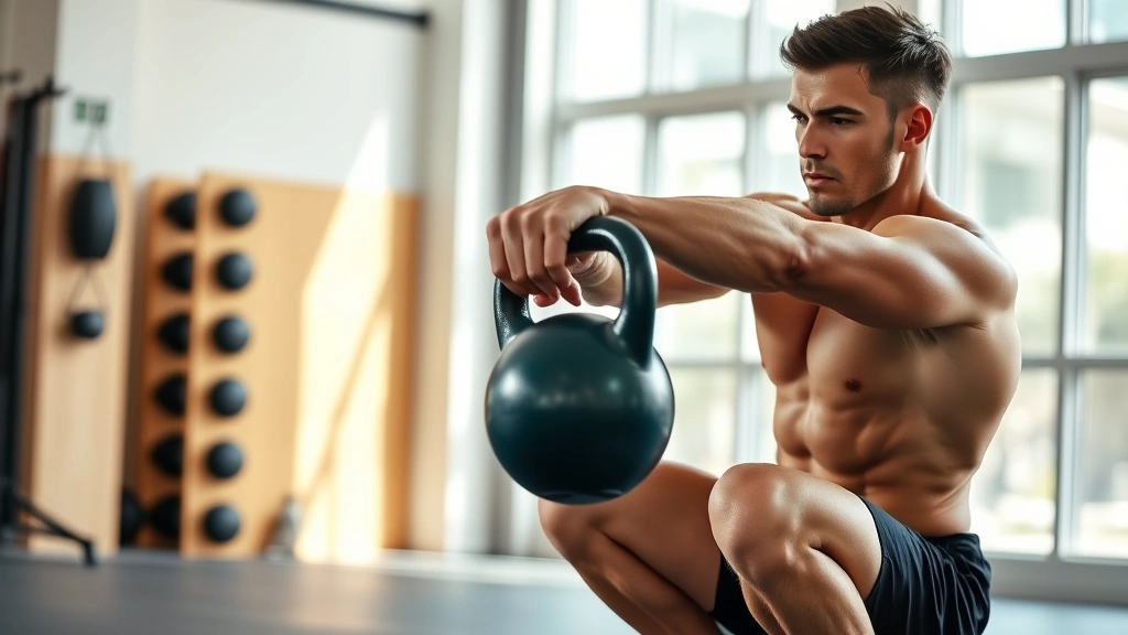 Athletic person performing deep goblet squat with kettlebell, demonstrating full range of motion flexibility, bright gym setting, muscular physique, focused expression