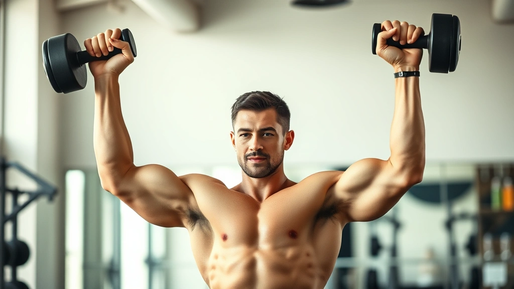 Fit individual executing overhead dumbbell press with perfect form, arms fully extended overhead, strong posture, natural gym lighting, demonstrating shoulder mobility