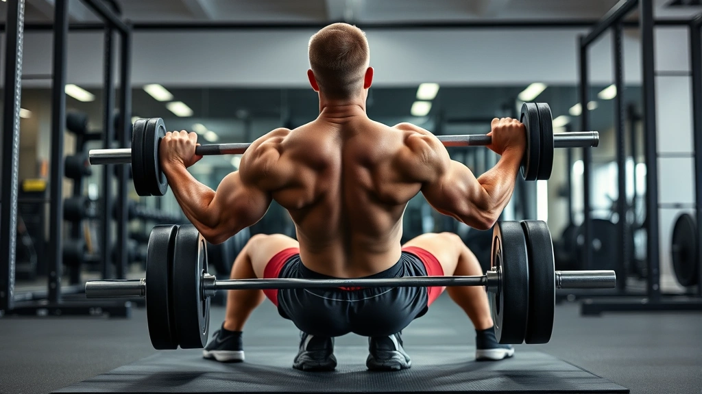 Athlete in deep Romanian deadlift position, back stretched, hamstrings engaged, holding dumbbells, showing advanced flexibility and strength control, professional gym environment