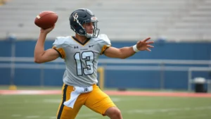 Muscular high school football quarterback in practice uniform executing explosive footwork drill, focused intensity, athletic field setting, dynamic movement captured mid-throw motion, no text or labels visible