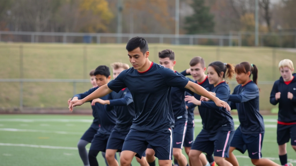 Group of young football athletes executing synchronized team conditioning drill together, showing coordination and physical exertion, outdoor practice field with autumn weather conditions, motivational team environment captured