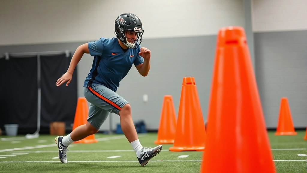 Individual high school football player performing dynamic agility training cone drill, explosive lateral movement, professional training facility environment, athletic intensity and focus clearly visible, clean background without equipment labels