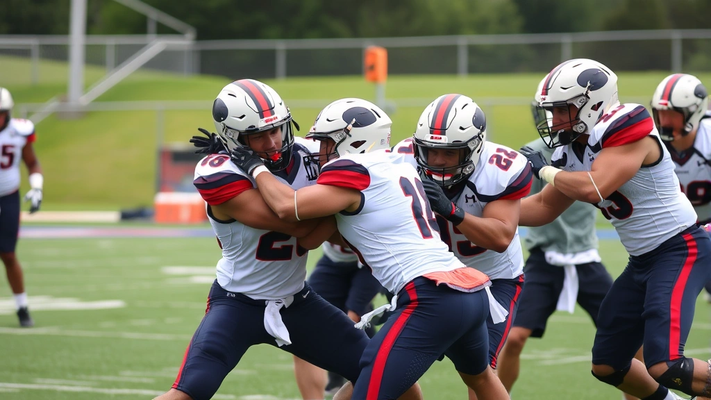 Professional college football athletes executing high-intensity defensive drills with perfect tackling form and communication, showing focused intensity and athletic prowess in competitive training environment
