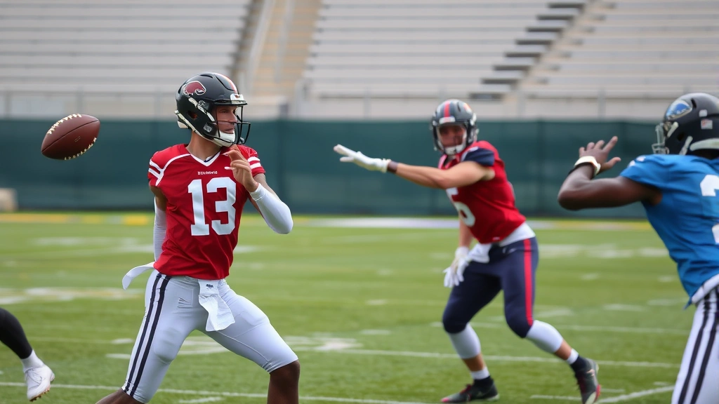 Elite football quarterbacks performing precision passing drills with receivers running crisp routes, demonstrating accuracy, arm strength, and coordination in dynamic offensive training scenario