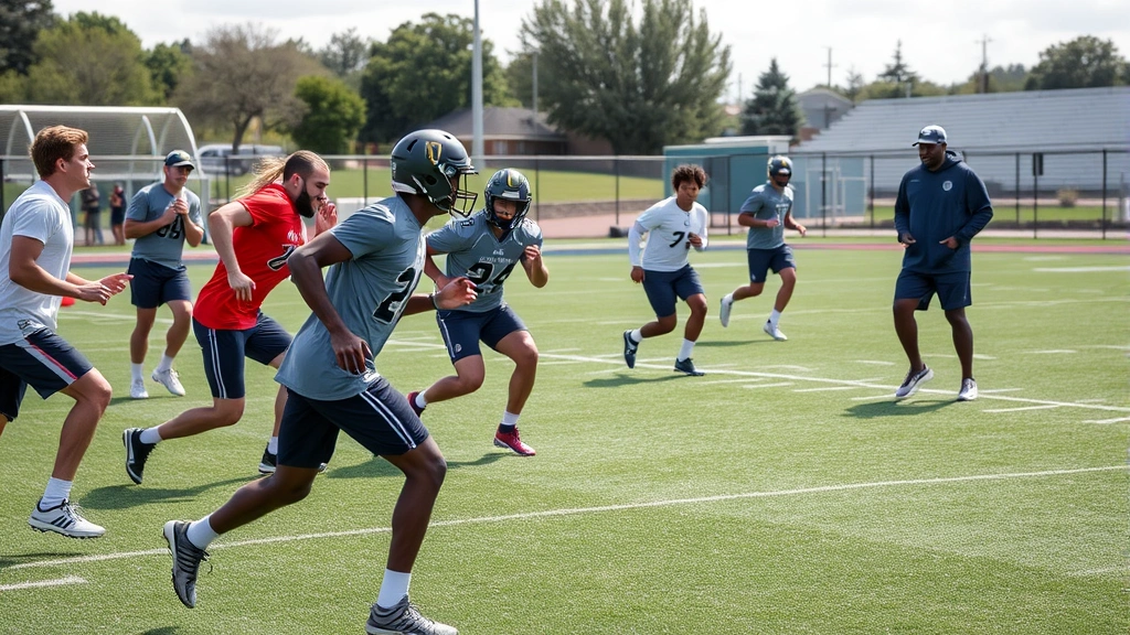 Diverse group of college athletes in conditioning drills on practice field, performing speed and agility training exercises, coaching staff supervising