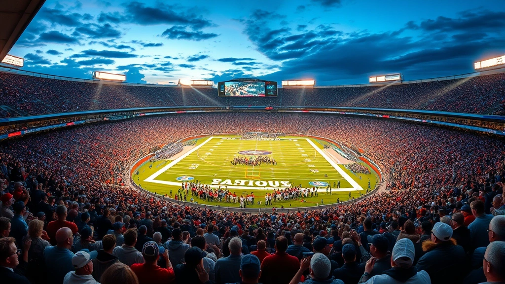 Football stadium packed with enthusiastic fans during evening game, dramatic lighting, crowd energy and team spirit, scoreboard visible