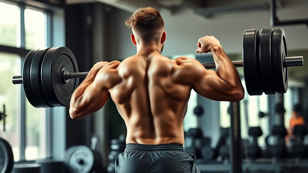 Athletic male performing heavy barbell back squat with proper form in modern gym, focused intensity, sweat visible, natural lighting