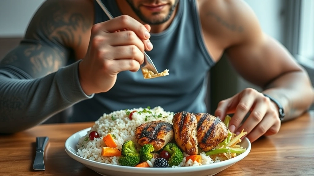Fit athlete eating high-protein meal with grilled chicken, rice, and vegetables at wooden table, healthy nutrition showcase, natural daylight