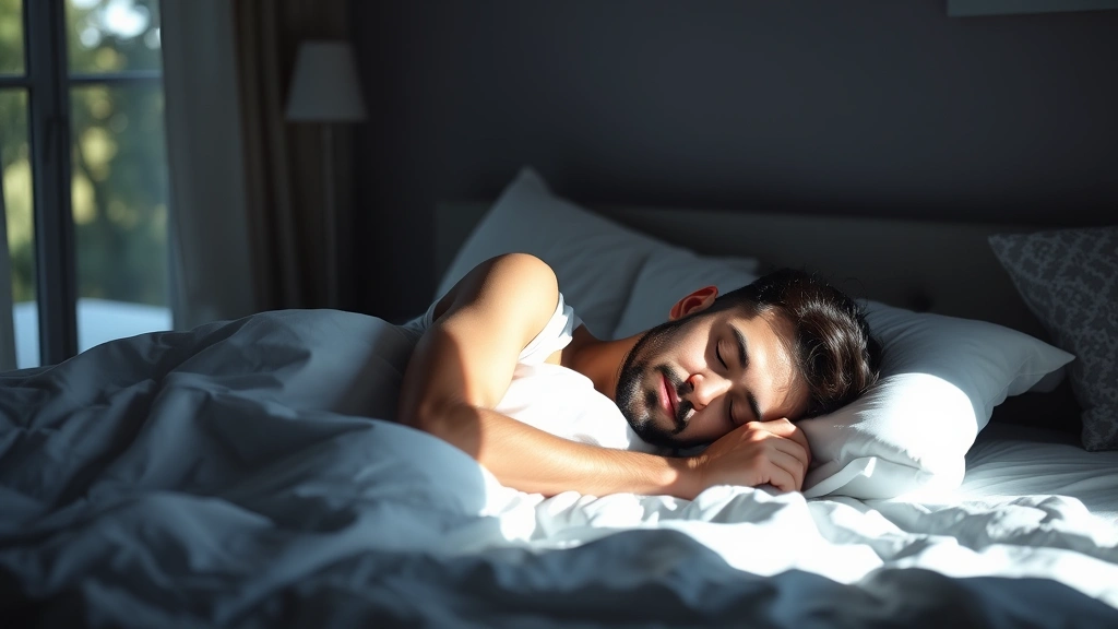 Person sleeping peacefully in dark bedroom with white sheets, peaceful recovery scene, soft natural morning light through window