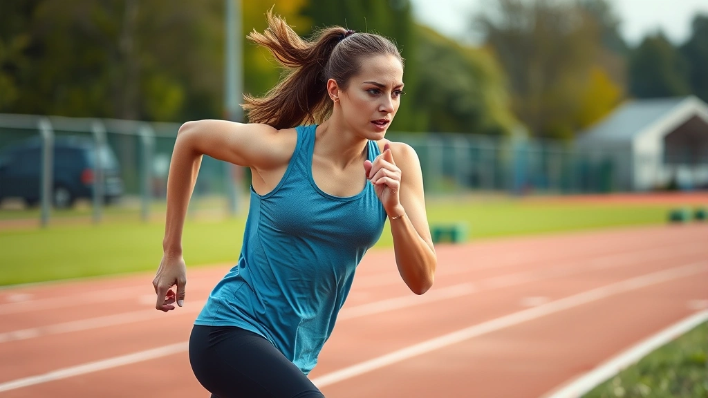 Athletic woman performing high-intensity sprint workout on outdoor track, intense effort expression, dynamic motion blur, professional fitness photography