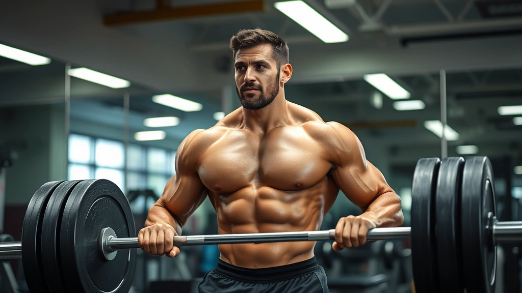 Muscular fitness trainer demonstrating proper deadlift form with heavy barbell, confident expression, well-lit commercial gym with mirrors, focused intensity