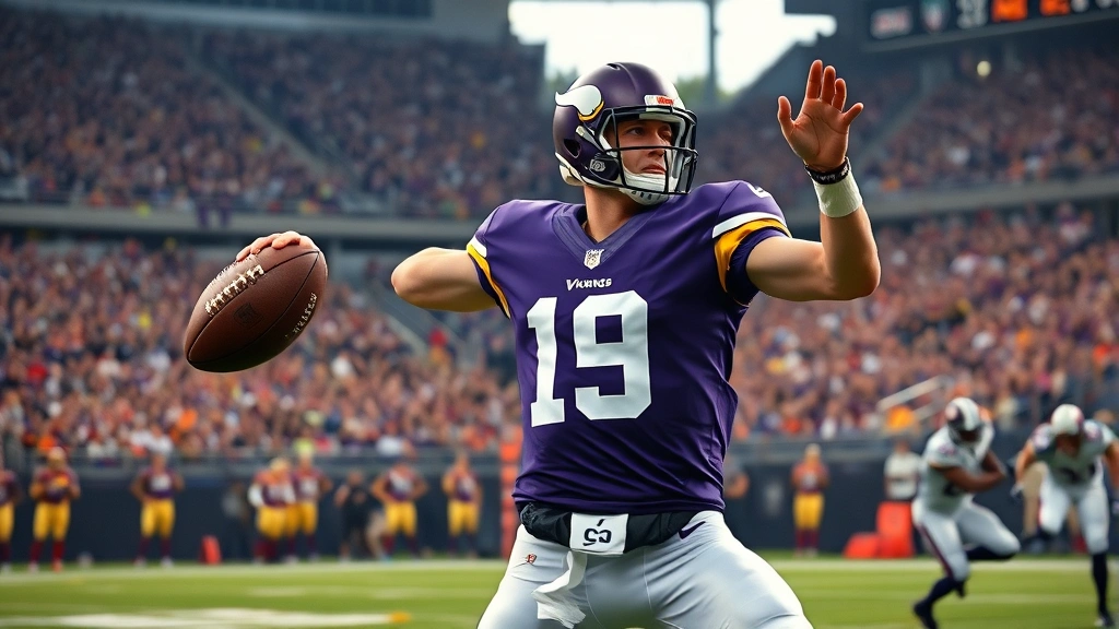 Professional football player in Vikings purple jersey executing perfect passing technique during intense stadium game with roaring crowd visible in background, photorealistic action shot