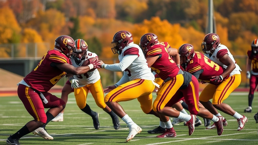 College football players in Golden Gophers uniform engaged in intense tackling drill on practice field with autumn Minnesota landscape, dynamic athletic movement captured mid-play