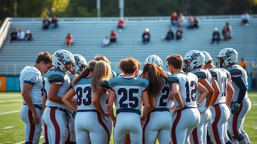 High school football team in huddle formation showing diverse young athletes demonstrating teamwork and focus before game, natural stadium lighting with determined expressions