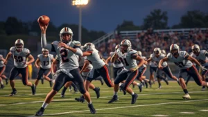 High school football players in action during an intense game, showing a quarterback throwing a pass with defenders rushing, stadium lights visible in background, photorealistic action shot