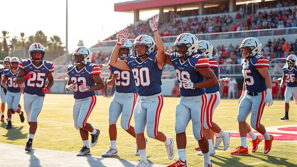 Young football players celebrating after scoring a touchdown, showing genuine team excitement and camaraderie on the sideline, natural lighting, motivational moment captured