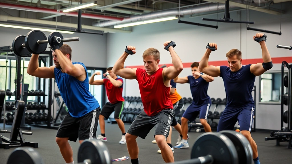 High school football players performing explosive power training exercises in modern weight room facility, dumbbells and barbell training equipment visible, athletes focused on technique execution
